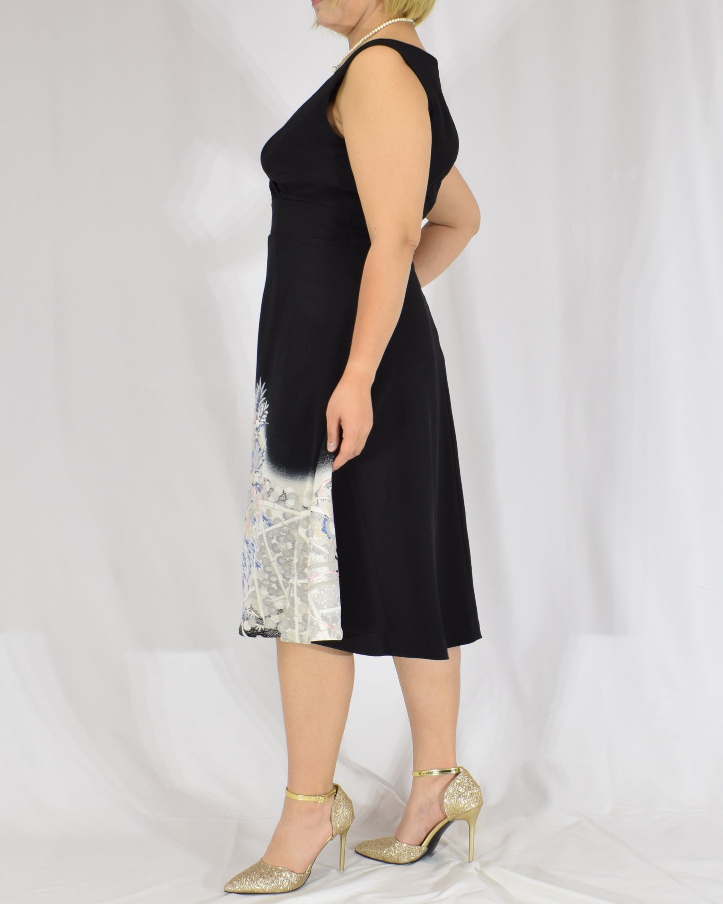 Sleeveless Dress — Black Upcycled Kimono Fabric with Flower Cart Motif