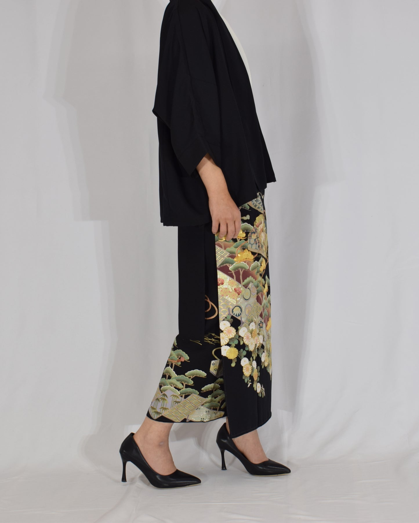 Wrap Skirt & Jacket Set — Fan and Floral Motif in Black Tomesode Silk