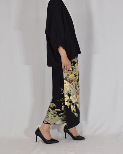 Wrap Skirt & Jacket Set — Fan and Floral Motif in Black Tomesode Silk