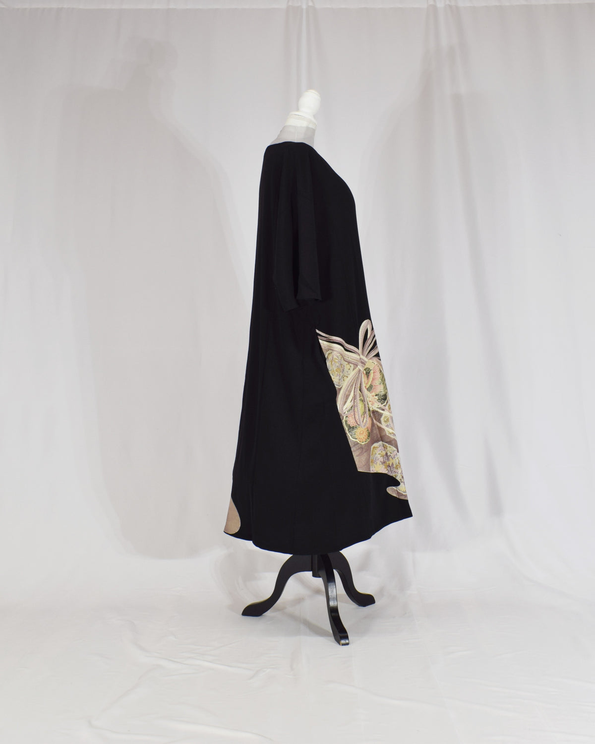 Elegant Kimono Dress, Decorative Cord and Floral Motifs, Upcycled Tomesode Fabric