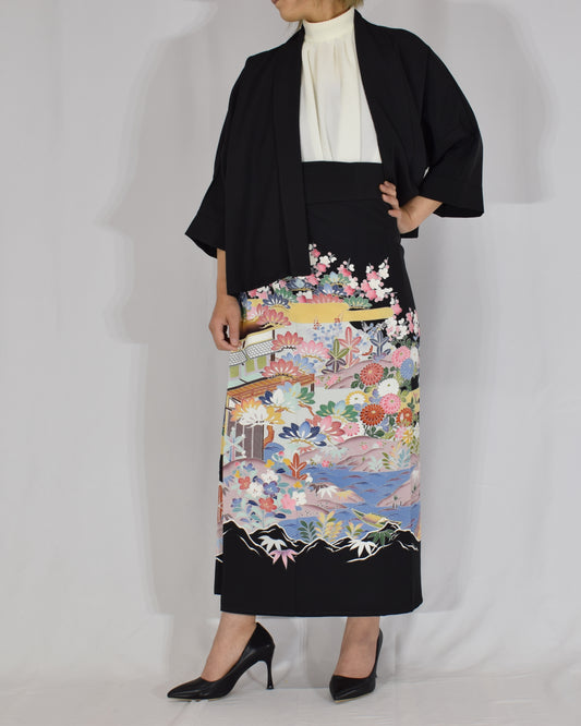 花景色文 巻きスカート＆ジャケットセット 黒留袖リメイク 一点物