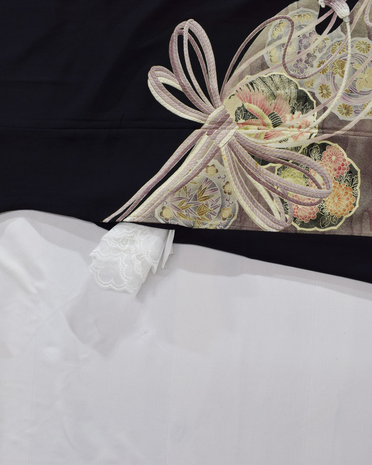 Elegant Kimono Dress, Decorative Cord and Floral Motifs, Upcycled Tomesode Fabric