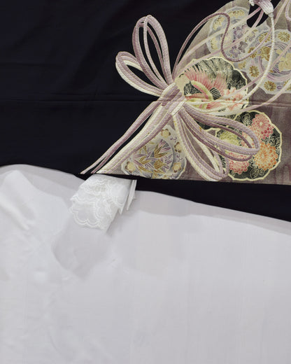 Elegant Kimono Dress, Decorative Cord and Floral Motifs, Upcycled Tomesode Fabric