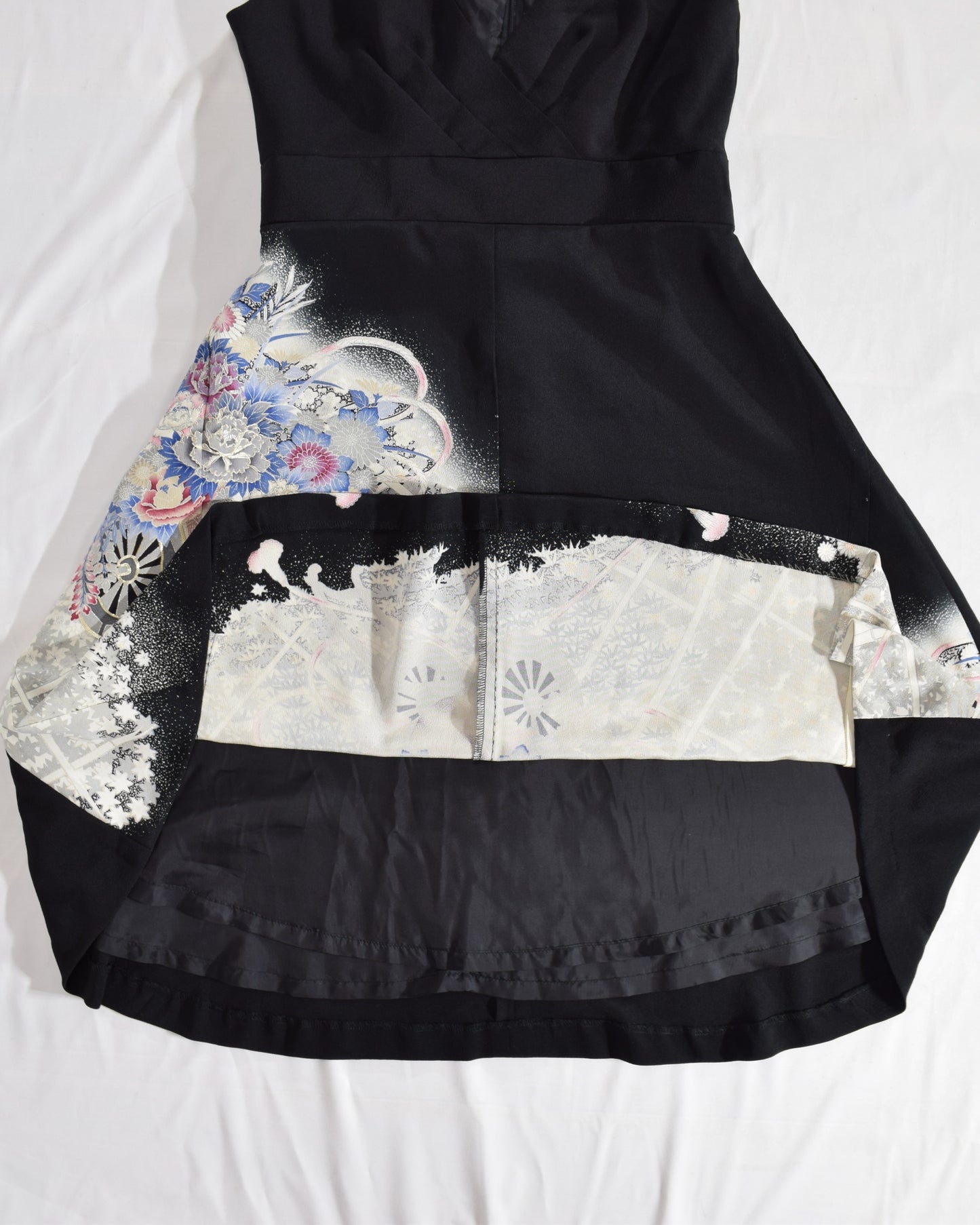 Sleeveless Dress — Black Upcycled Kimono Fabric with Flower Cart Motif