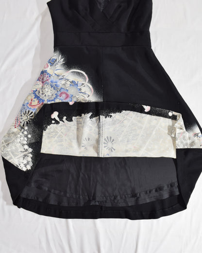 Sleeveless Dress — Black Upcycled Kimono Fabric with Flower Cart Motif