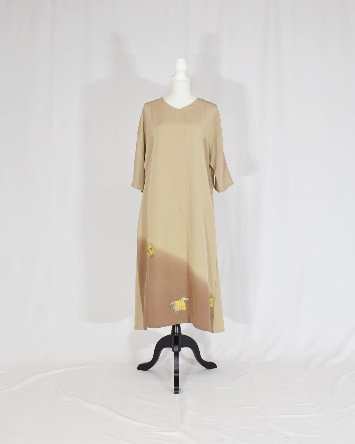 Elegant Kimono Dress, Beige and Brown Decorative Paper and Floral Motifs, Upcycled Tomesode Fabric
