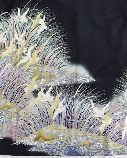 鶴草花文様 留袖ワンピース 黒留袖リメイク 一点物