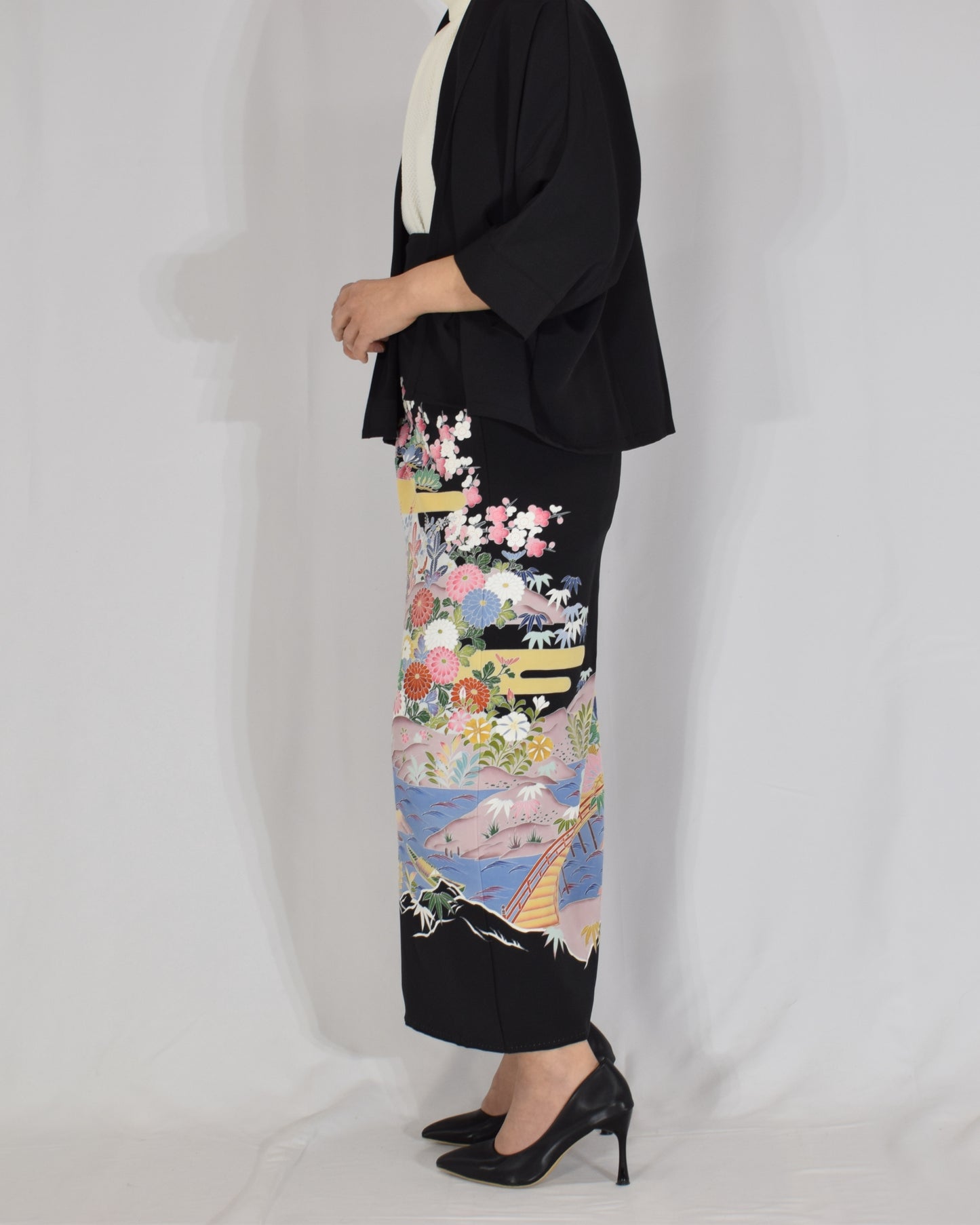 Wrap Skirt & Jacket Set — Floral Landscape Motif in Black Tomesode Silk