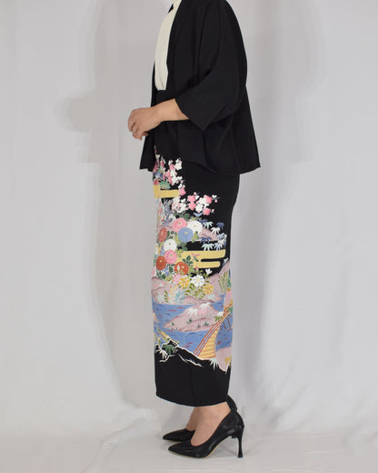 Wrap Skirt & Jacket Set — Floral Landscape Motif in Black Tomesode Silk