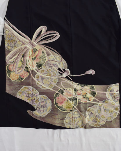 Elegant Kimono Dress, Decorative Cord and Floral Motifs, Upcycled Tomesode Fabric