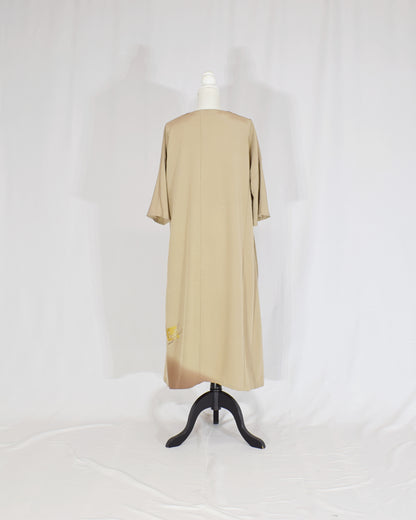Elegant Kimono Dress, Beige and Brown Decorative Paper and Floral Motifs, Upcycled Tomesode Fabric