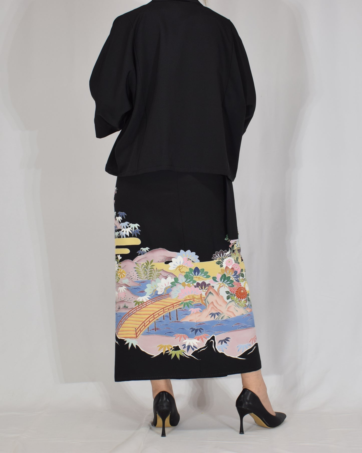 Wrap Skirt & Jacket Set — Floral Landscape Motif in Black Tomesode Silk