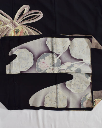 Elegant Kimono Dress, Decorative Cord and Floral Motifs, Upcycled Tomesode Fabric