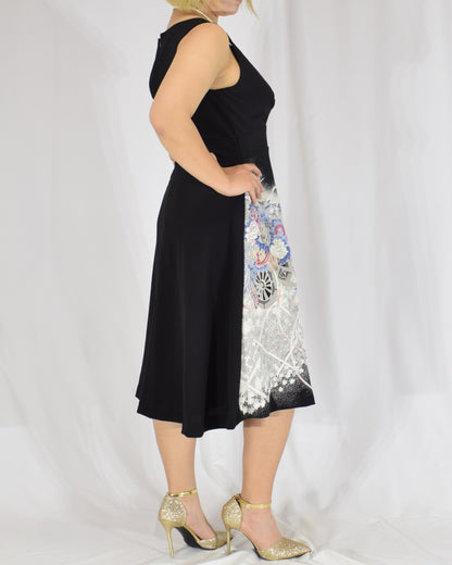 Sleeveless Dress — Black Upcycled Kimono Fabric with Flower Cart Motif