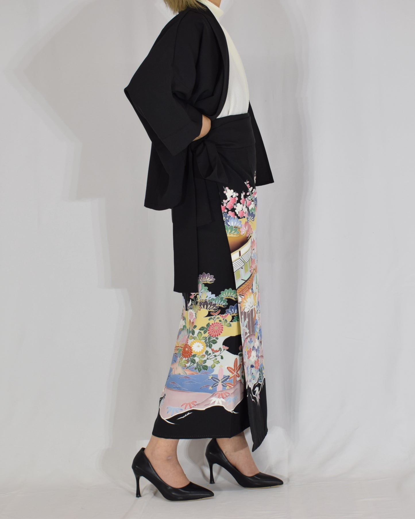 Wrap Skirt & Jacket Set — Floral Landscape Motif in Black Tomesode Silk