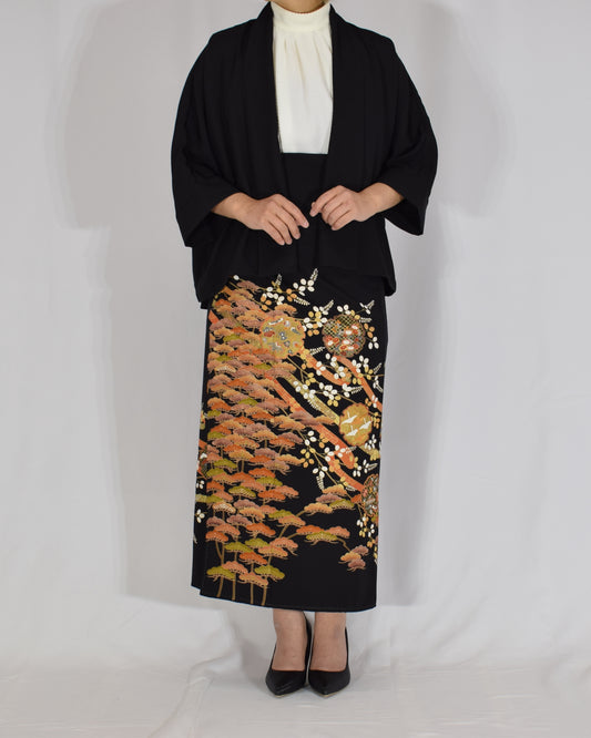 松文様 巻きスカート＆ジャケットセット 黒留袖リメイク 一点物
