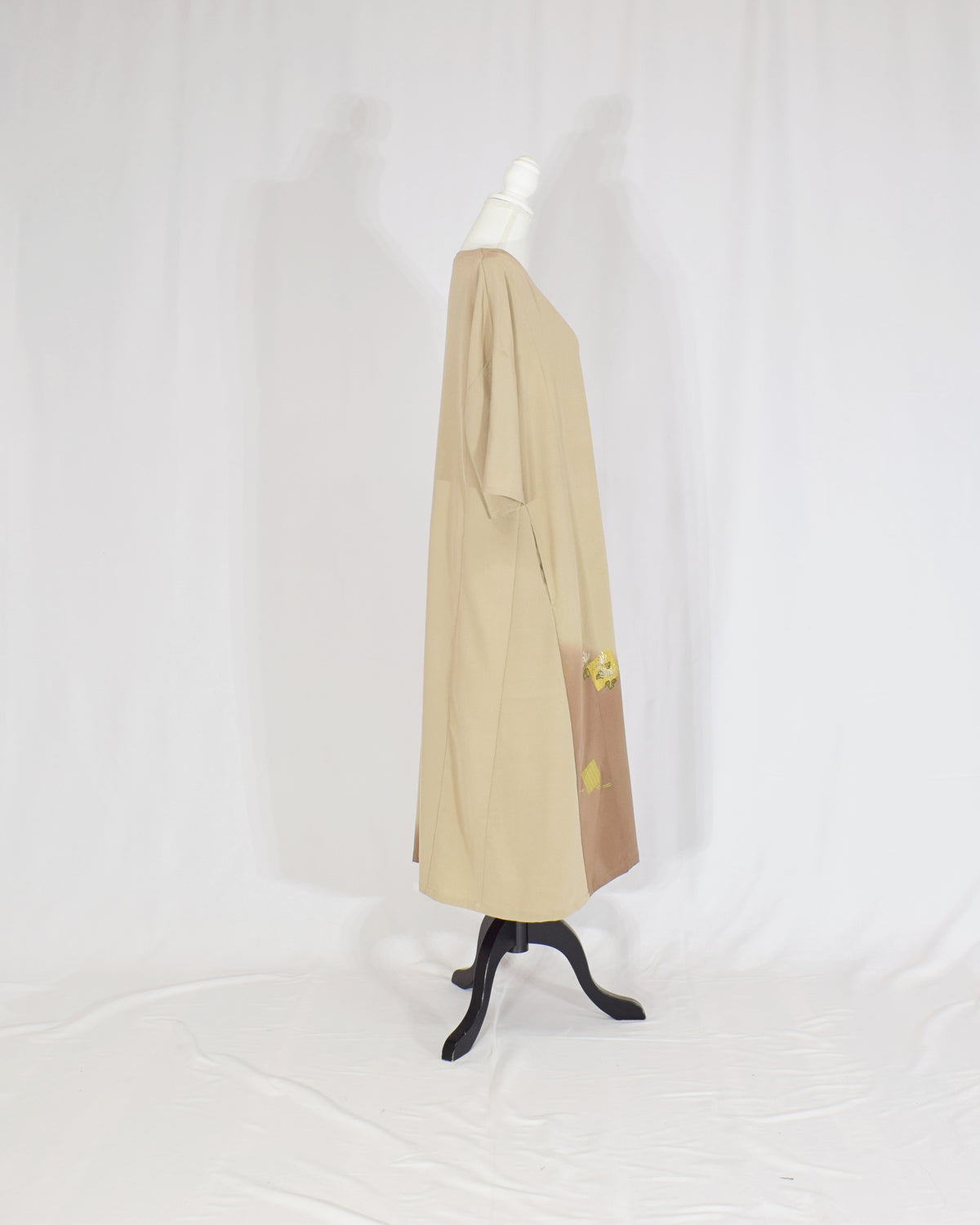 Elegant Kimono Dress, Beige and Brown Decorative Paper and Floral Motifs, Upcycled Tomesode Fabric