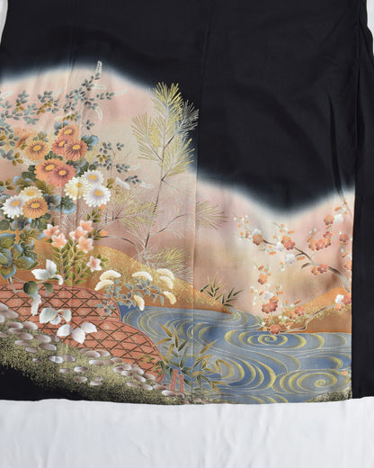草花流水文様 留袖ワンピース 黒留袖リメイク 一点物
