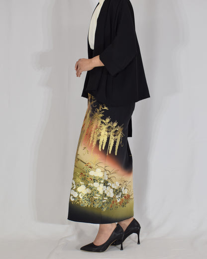 藤花文 巻きスカート＆ジャケットセット 黒留袖リメイク 一点物