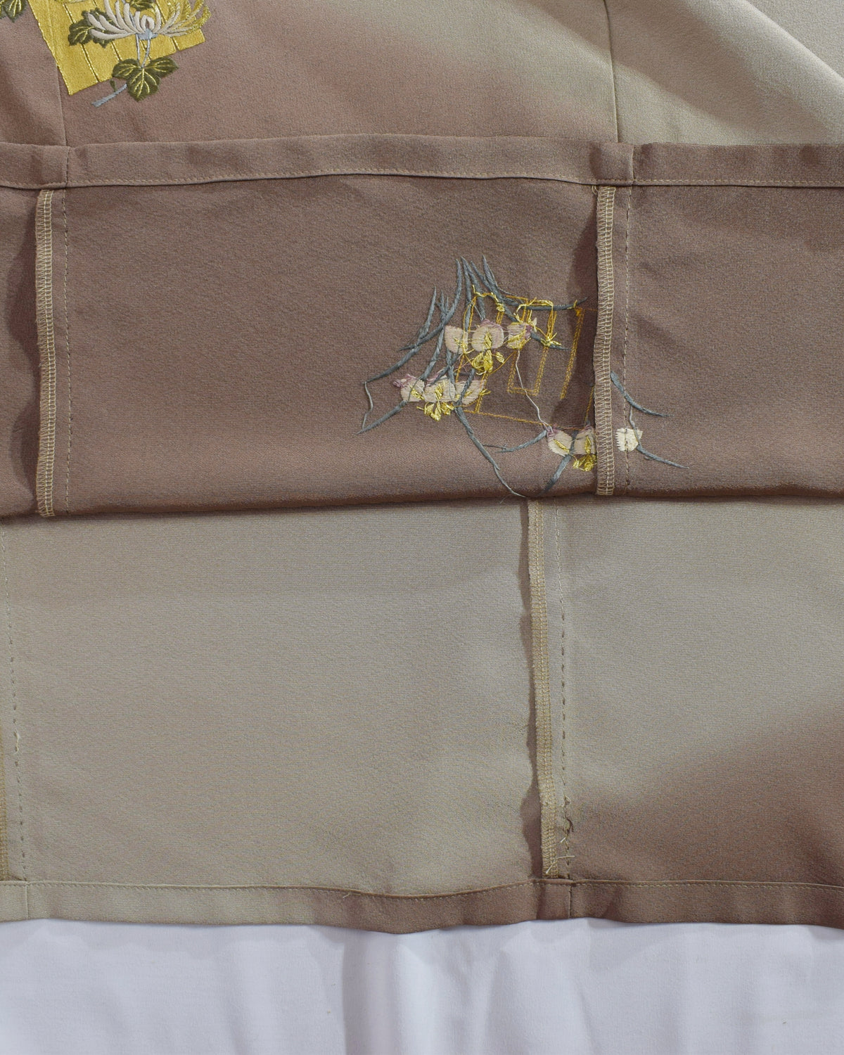 Elegant Kimono Dress, Beige and Brown Decorative Paper and Floral Motifs, Upcycled Tomesode Fabric