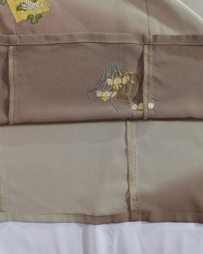 Elegant Kimono Dress, Beige and Brown Decorative Paper and Floral Motifs, Upcycled Tomesode Fabric