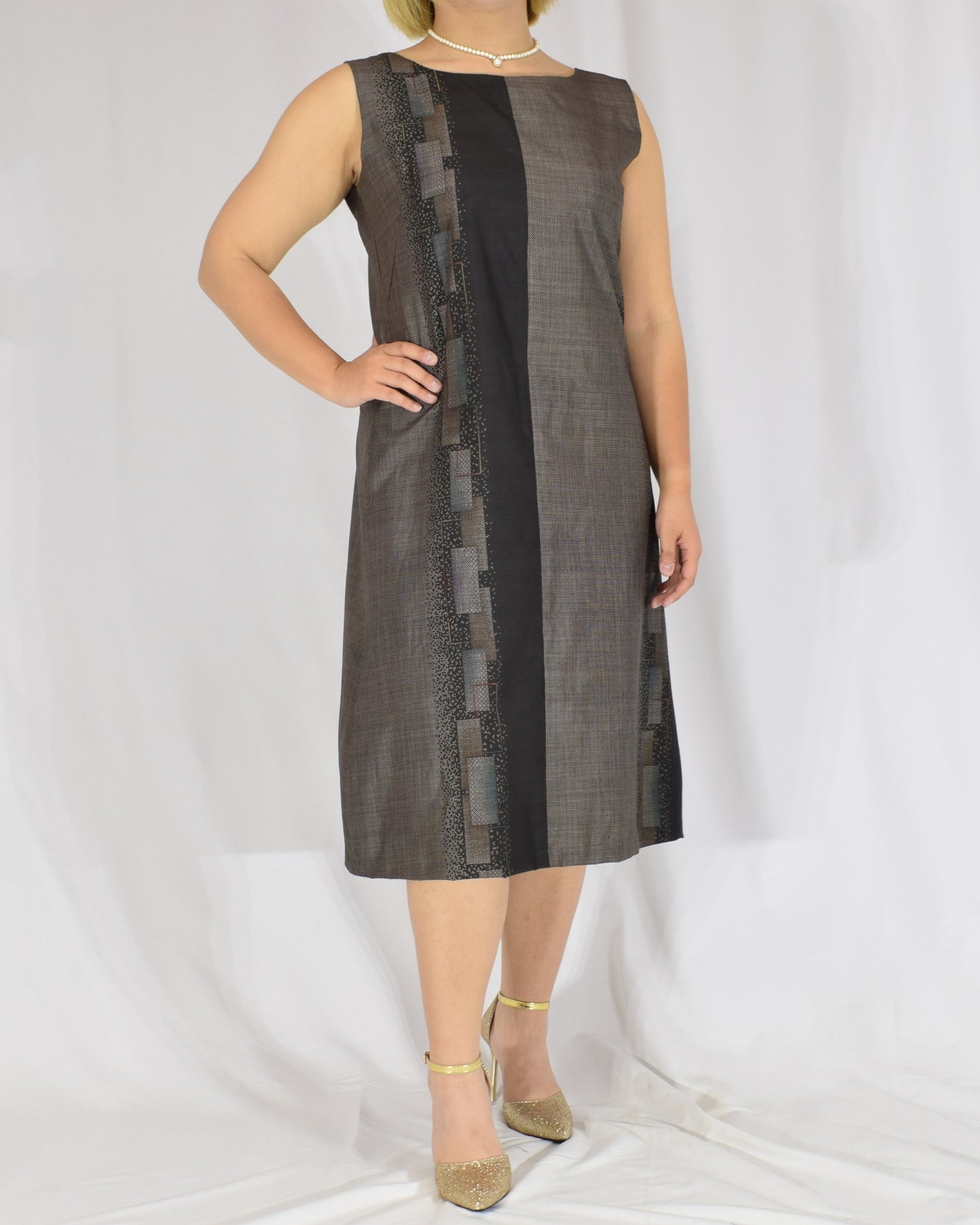 A-Line Sleeveless Dress, Gray Brown Geometric Motif, Upcycled Kimono Fabric