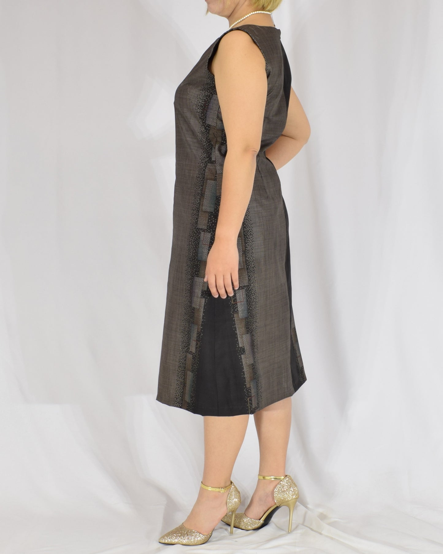 A-Line Sleeveless Dress, Gray Brown Geometric Motif, Upcycled Kimono Fabric