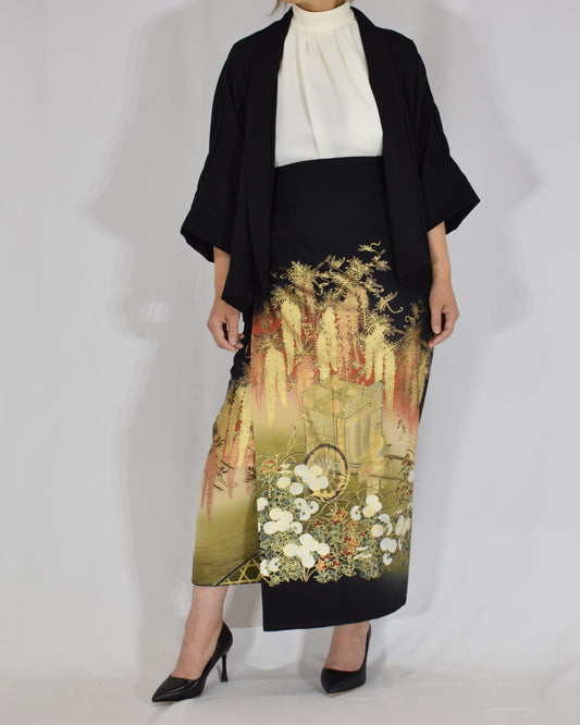 藤花文 巻きスカート＆ジャケットセット 黒留袖リメイク 一点物