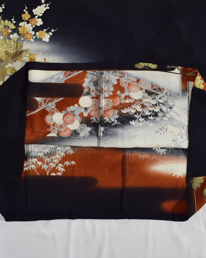 御所車と草花文様 留袖ワンピース 黒留袖リメイク 一点物