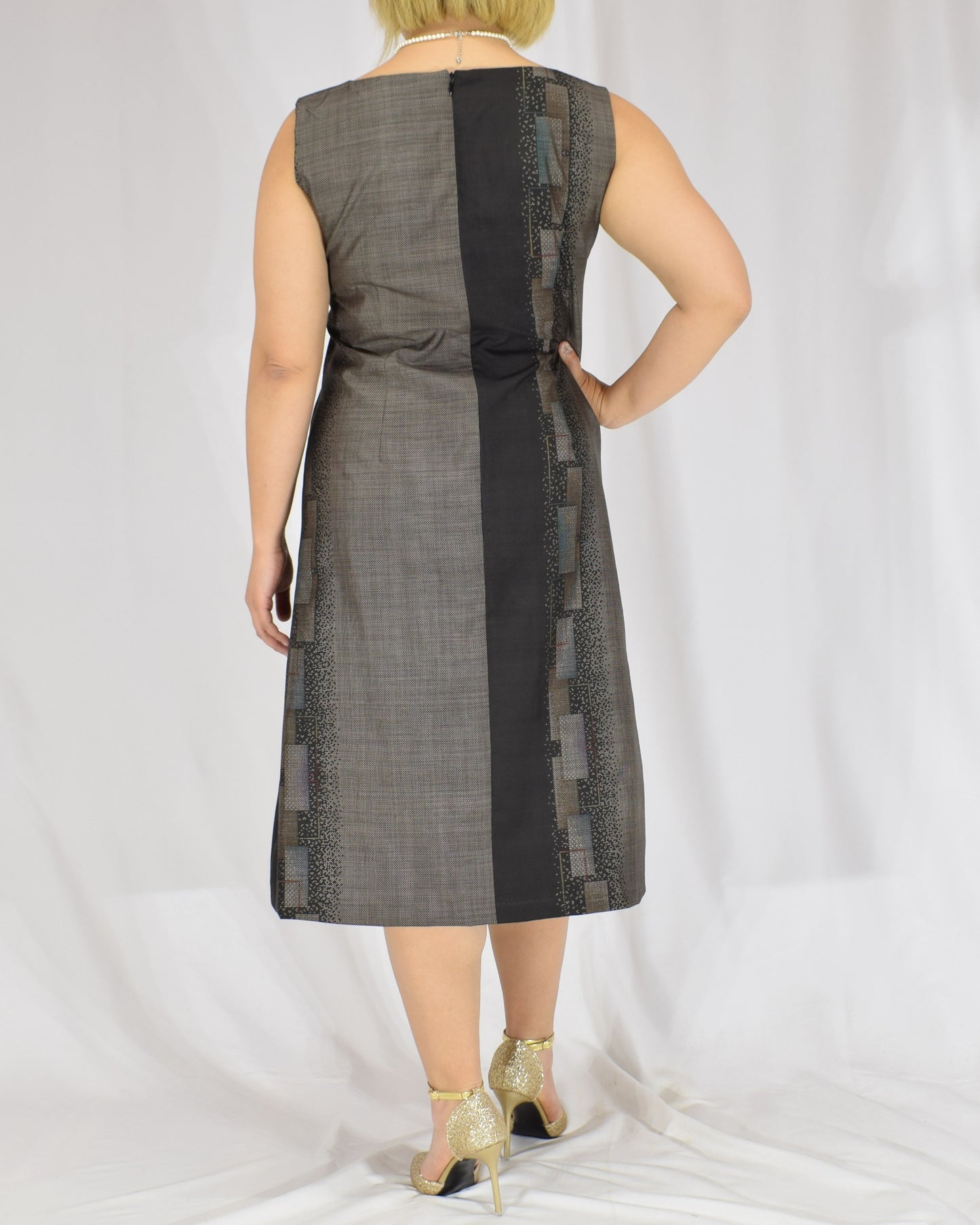 A-Line Sleeveless Dress, Gray Brown Geometric Motif, Upcycled Kimono Fabric