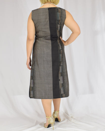 A-Line Sleeveless Dress, Gray Brown Geometric Motif, Upcycled Kimono Fabric