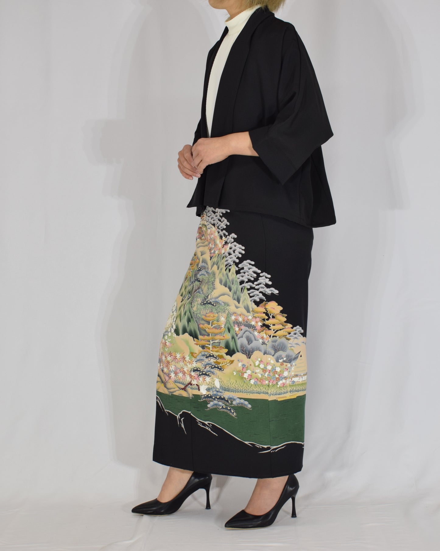 山景色文 巻きスカート＆ジャケットセット 黒留袖リメイク 一点物