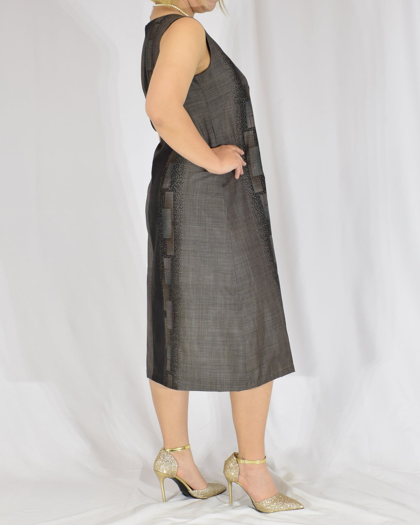 A-Line Sleeveless Dress, Gray Brown Geometric Motif, Upcycled Kimono Fabric