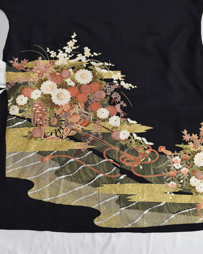 菊花流水文様 留袖ワンピース 黒留袖リメイク 一点物