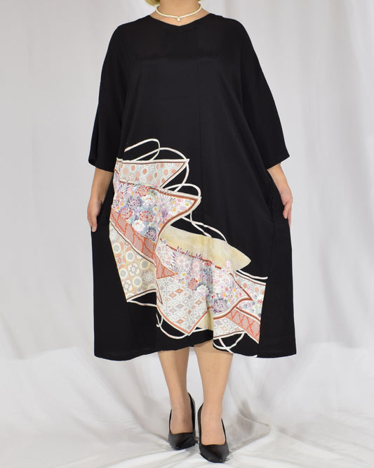 Elegant Kimono Dress, Flowing Ribbon and Floral Motif, Upcycled Tomesode Fabric
