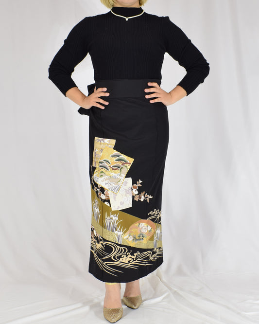 Wrap Skirt, Black Iris and Flowing Water Motif, Upcycled Kimono Fabric