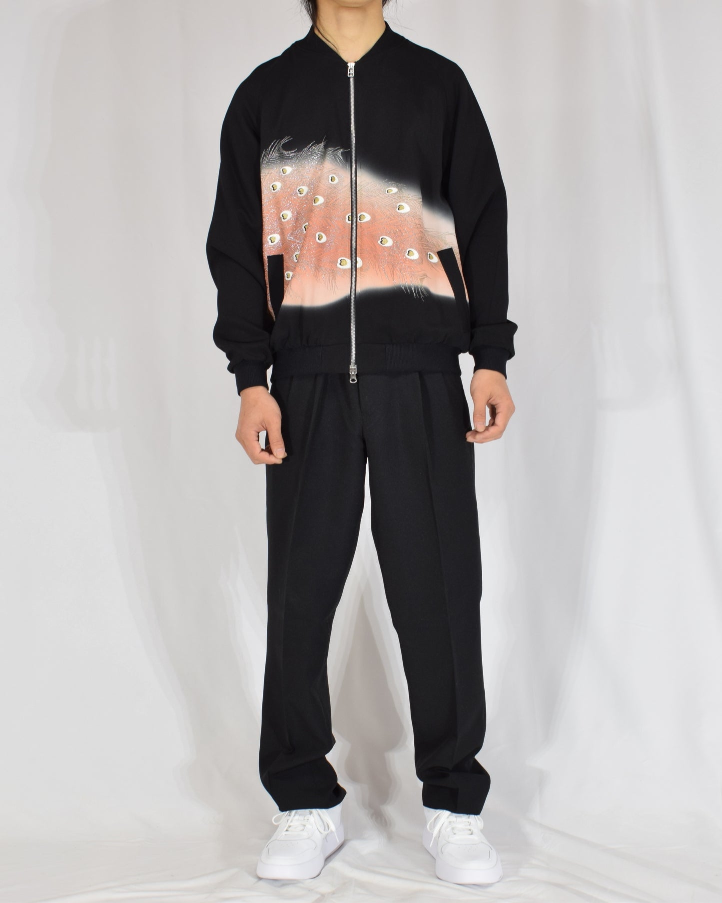 Blouson Jacket, Black Bird and Peacock Feather Motif, Upcycled Kimono Fabric