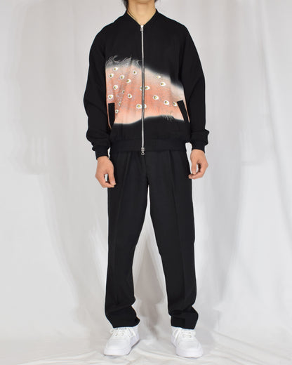 Blouson Jacket, Black Bird and Peacock Feather Motif, Upcycled Kimono Fabric