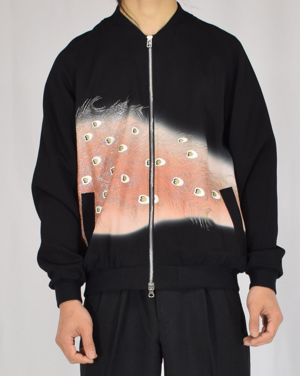 Blouson Jacket, Black Bird and Peacock Feather Motif, Upcycled Kimono Fabric