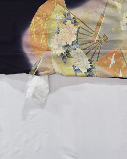 扇と草花文様 留袖ワンピース 黒留袖リメイク 一点物
