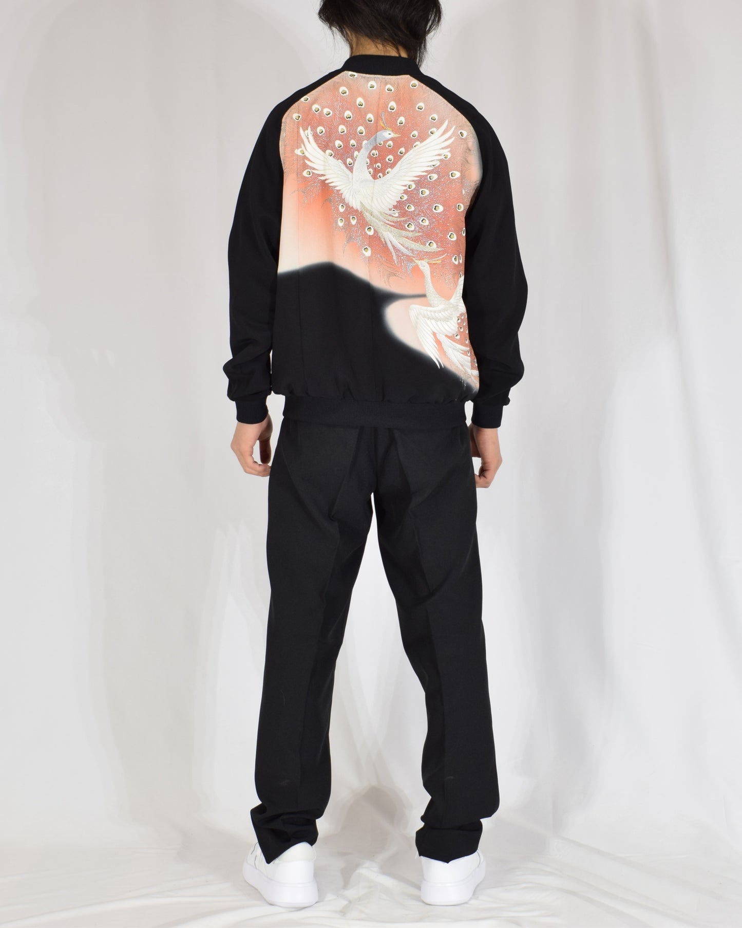 Blouson Jacket, Black Bird and Peacock Feather Motif, Upcycled Kimono Fabric