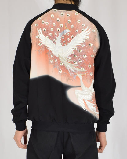 Blouson Jacket, Black Bird and Peacock Feather Motif, Upcycled Kimono Fabric