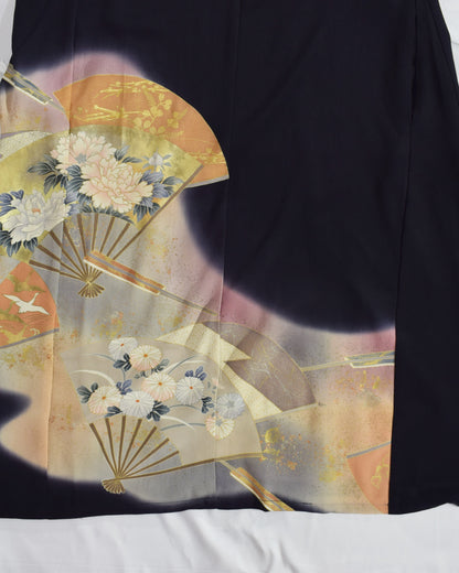 扇と草花文様 留袖ワンピース 黒留袖リメイク 一点物