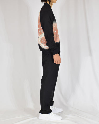 Blouson Jacket, Black Bird and Peacock Feather Motif, Upcycled Kimono Fabric