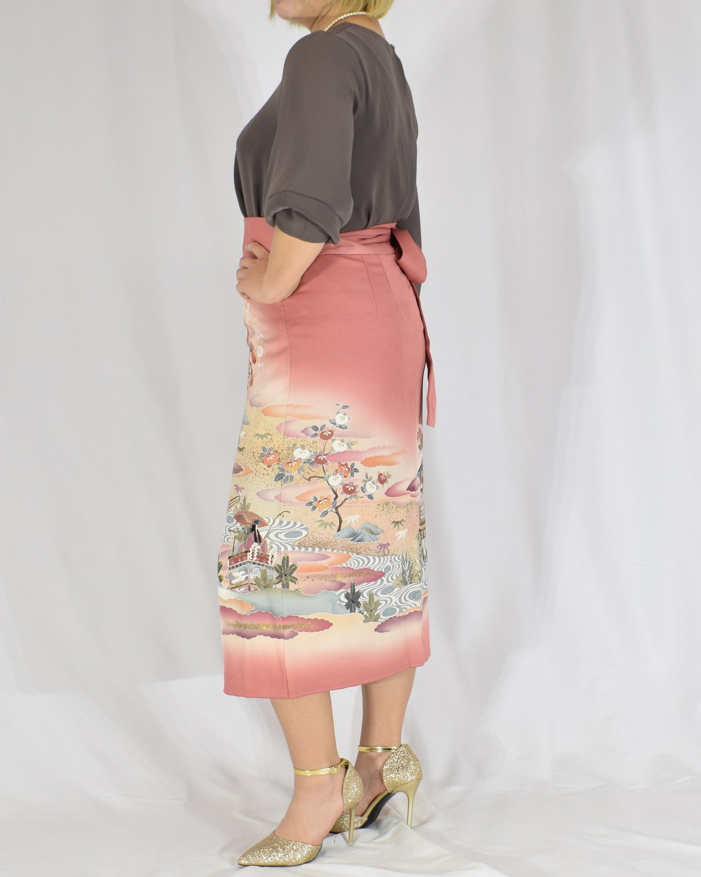 Wrap Skirt, Pink Garden and Floral Motif, Upcycled Kimono Fabric