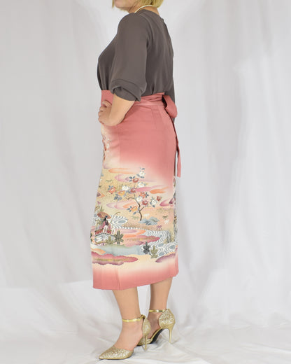 Wrap Skirt, Pink Garden and Floral Motif, Upcycled Kimono Fabric