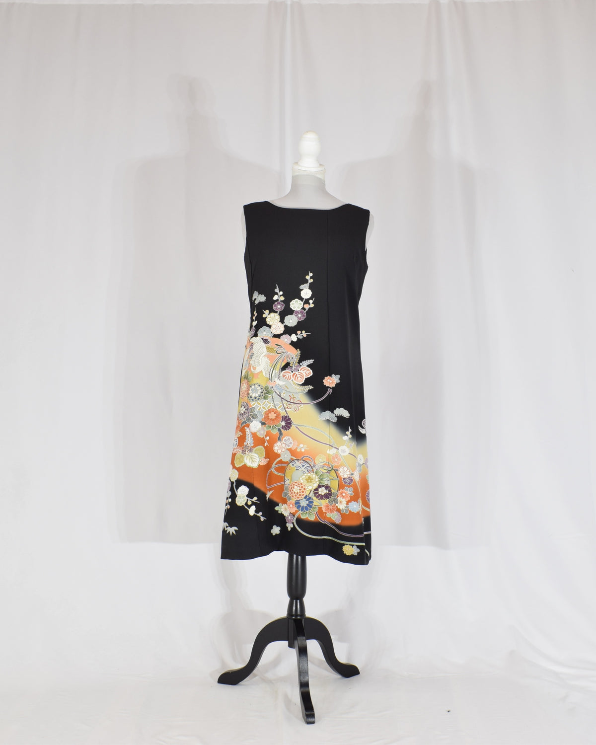 A-Line Sleeveless Dress, Black Crane and Floral Motifs, Upcycled Kimono Fabric