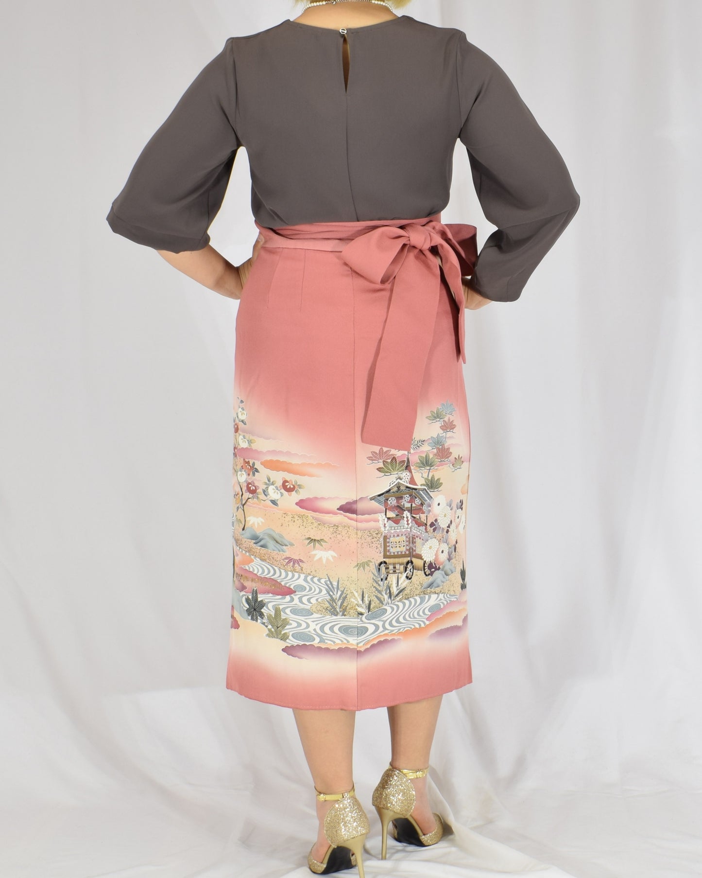 Wrap Skirt, Pink Garden and Floral Motif, Upcycled Kimono Fabric