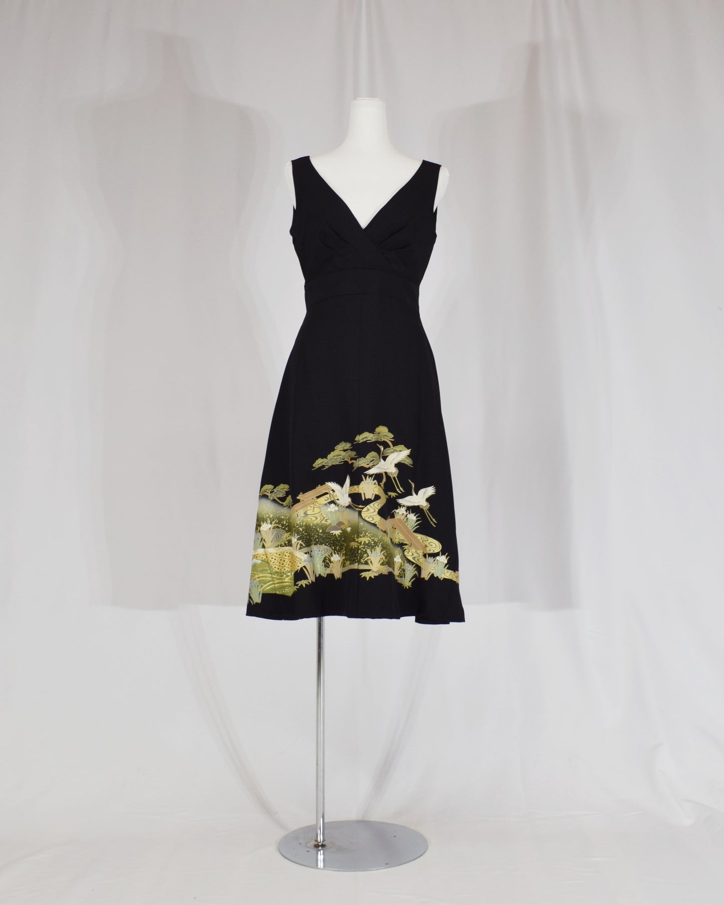 Sleeveless Dress — Black Upcycled Kimono Fabric with Crane and Bridge Scenic Motif