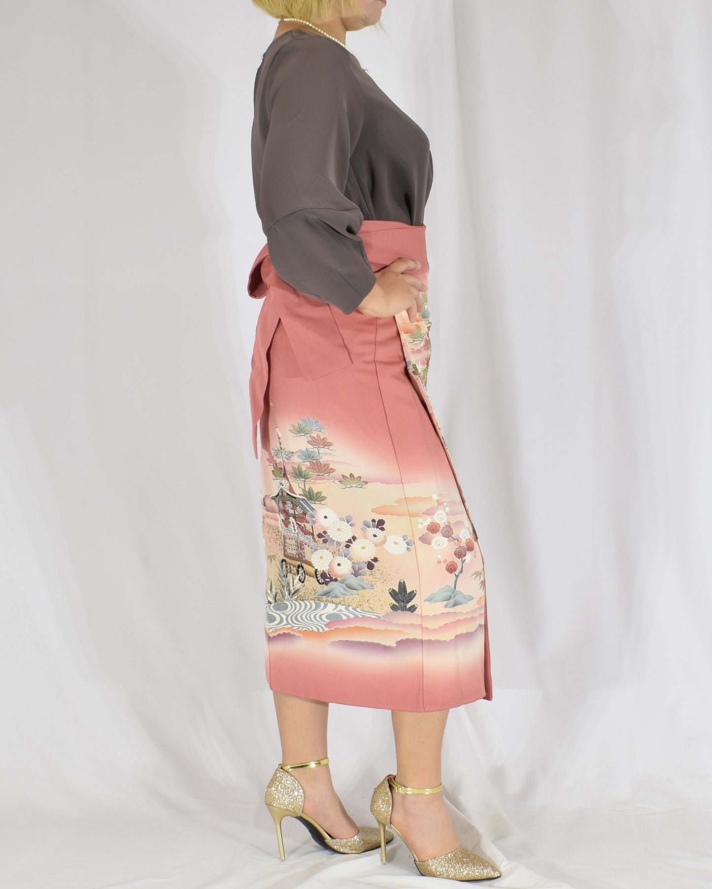 Wrap Skirt, Pink Garden and Floral Motif, Upcycled Kimono Fabric